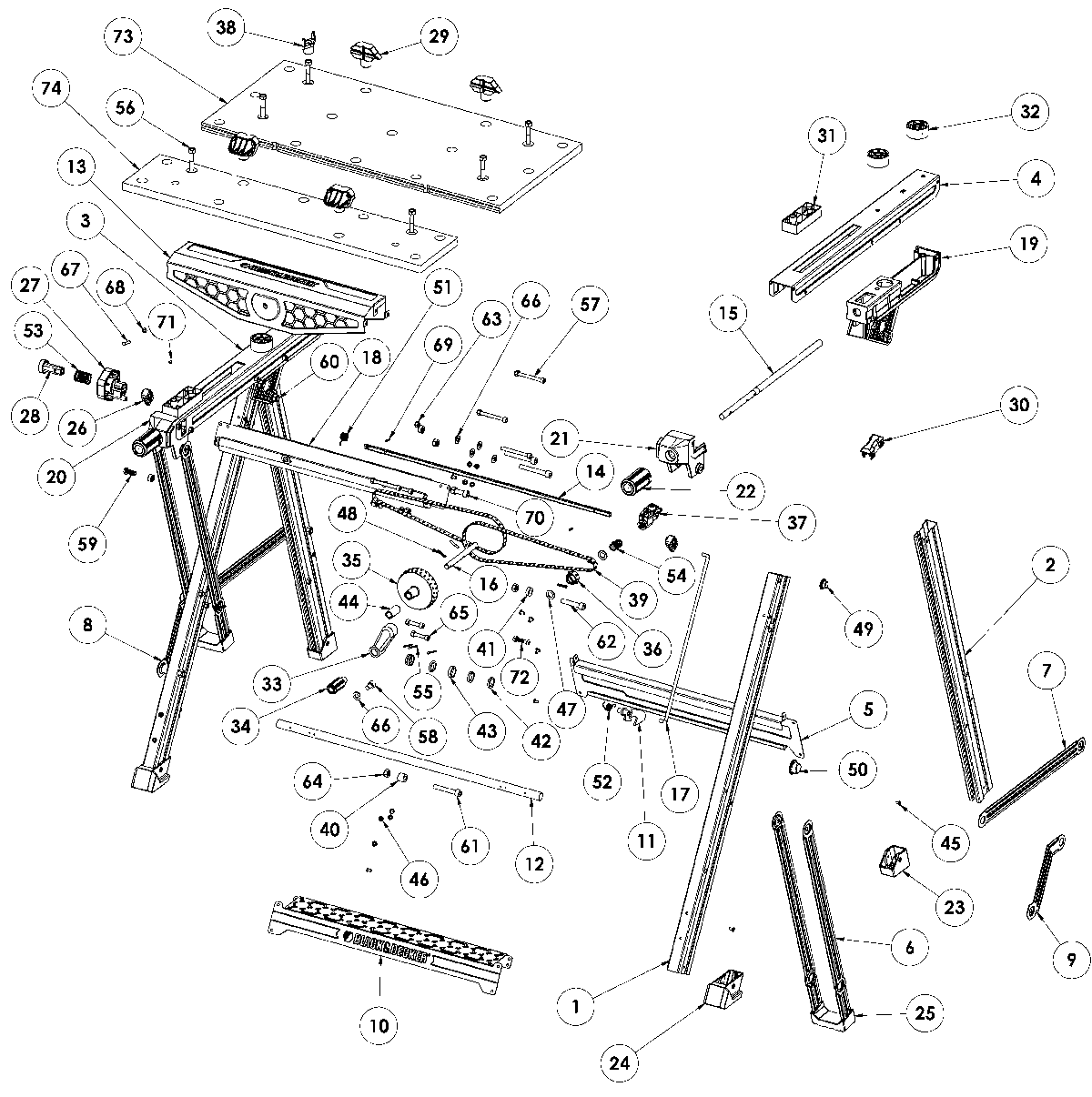 Default Diagram and Parts List for BDST11000 Type 1 Black and Decker Sawhorse